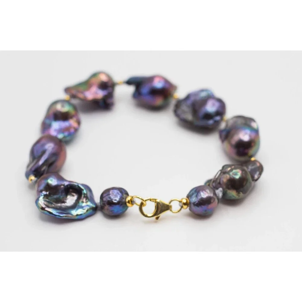 Black Baroque Pearl Bracelet, Handknotted 925 Sterling Silver Gold Plated